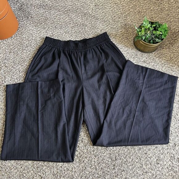 Zara Womens Dress Pants High Rise Pin Stripe Elastic Waist Pocket L Straight Leg